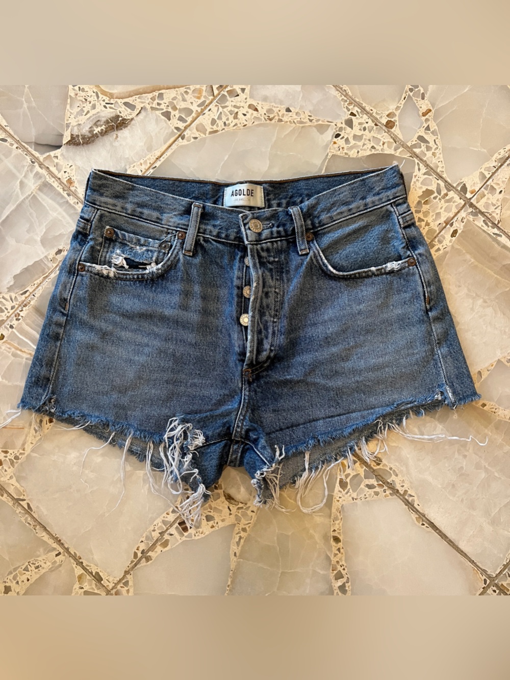 AGOLDE Parker Organic Cotton Frayed Denim Cutoff Shorts Size 25